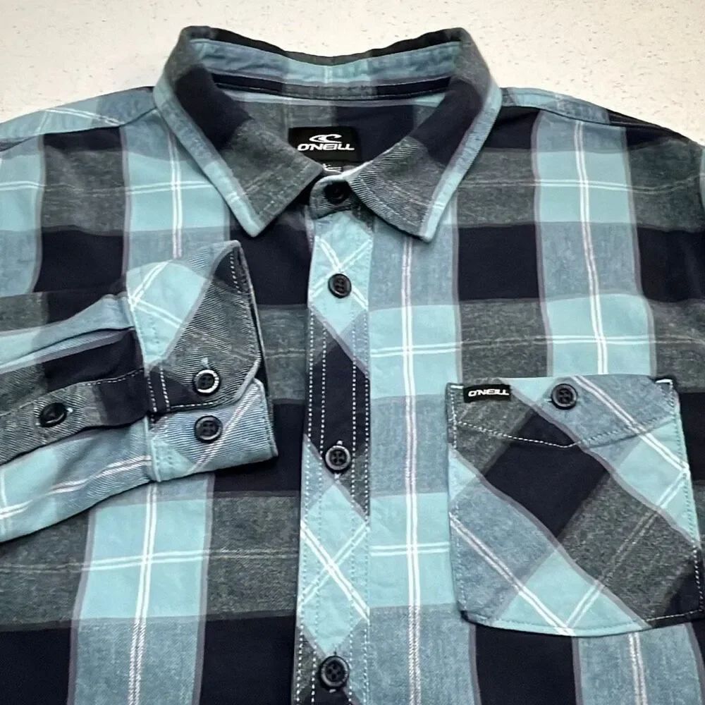 O’Neill Mens Blue Plaid Stretch Flannel Button Up Shirt Long Sleeve Flannel Cott